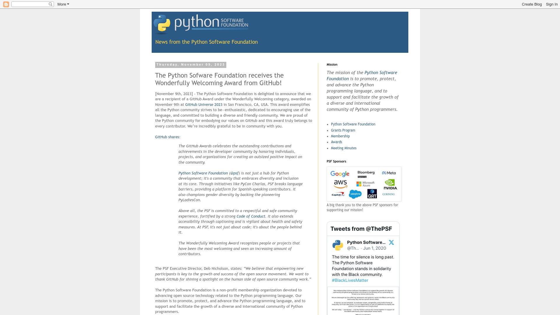 Screenshot of pyfound.blogspot.com: The Python Sofware Foundation Receives Wonderfully Welcoming Award from GitHub
