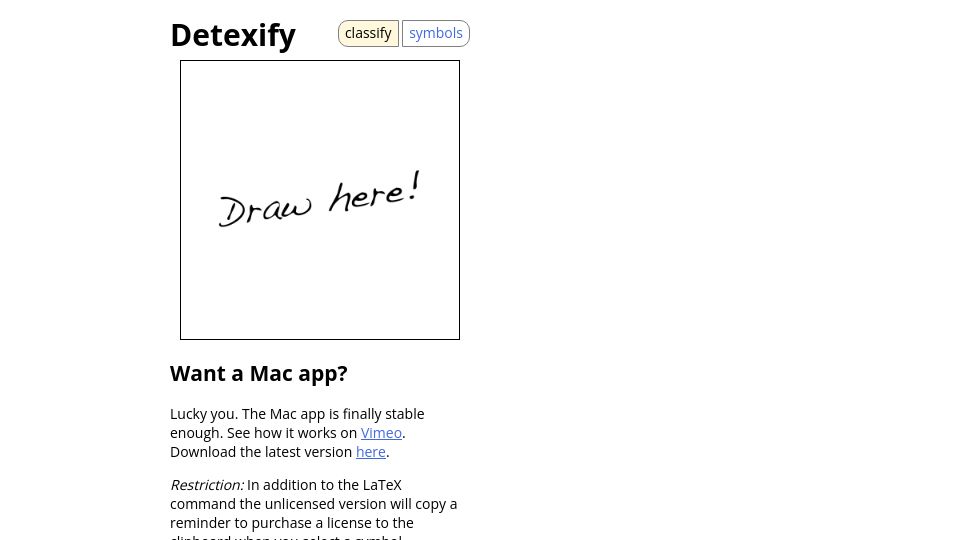 Screenshot of detexify.kirelabs.org: Detexify: LaTeX Handwriting Symbol Recognition