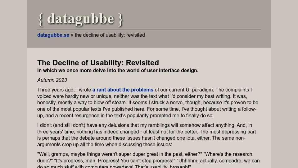 Screenshot of datagubbe.se: The Decline of Usability: Revisited