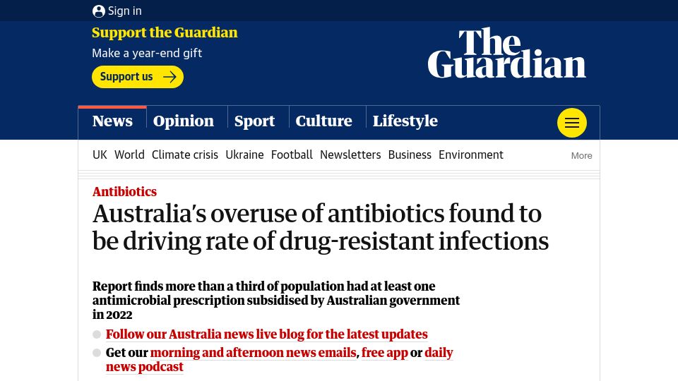 Screenshot of theguardian.com: Australia's overuse of antibiotics driving rate of drug-resistant infections
