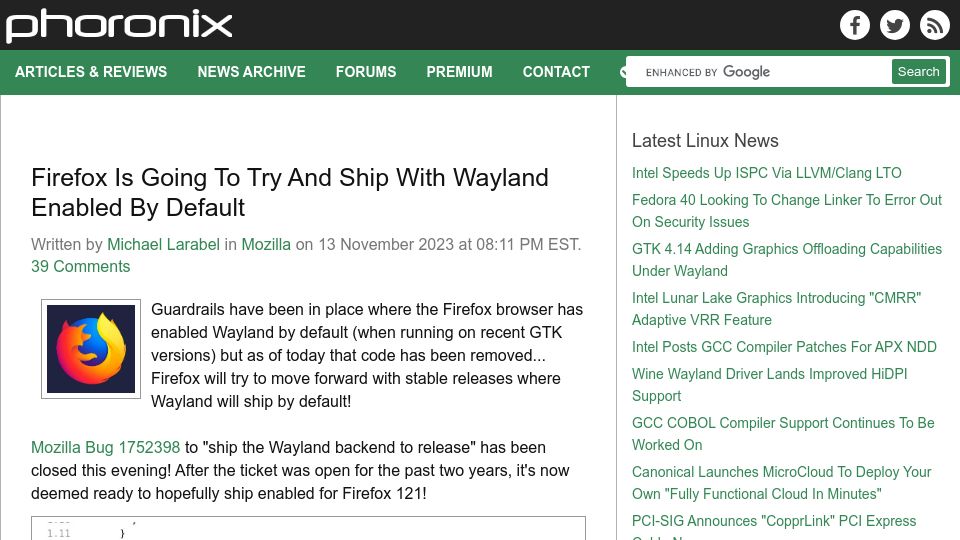 Screenshot of phoronix.com: Firefox Is Going to Try and Ship with Wayland Enabled by Default