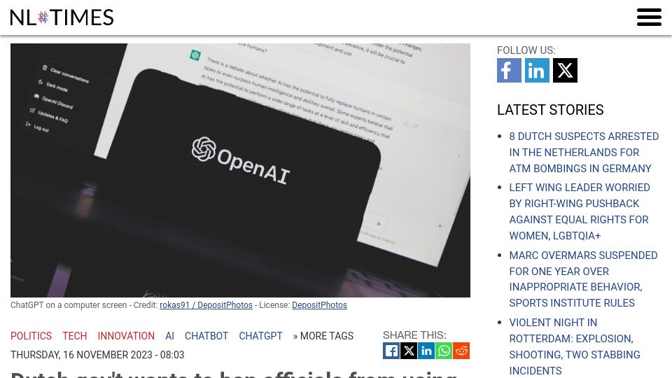 Screenshot of nltimes.nl: Dutch gov't wants to ban officials from using AI software