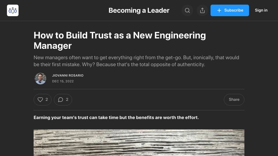Screenshot of becomingaleader.substack.com: How to build trust as a new engineering manager