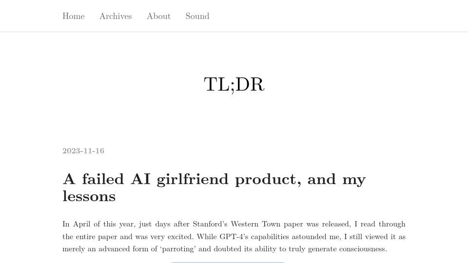 Screenshot of mazzzystar.github.io: A failed AI girlfriend product, and my lessons