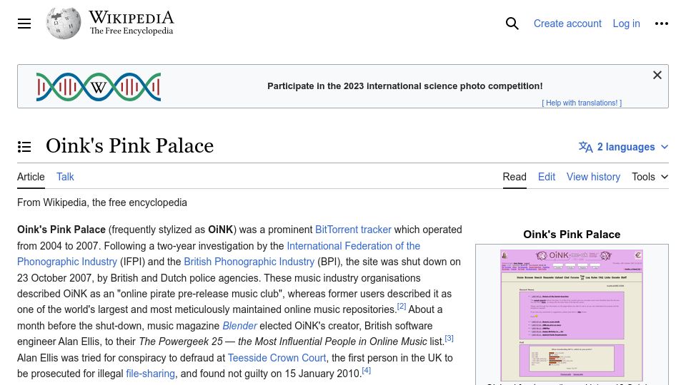 Screenshot of en.wikipedia.org: Oink's Pink Palace