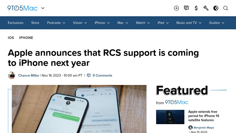Screenshot of 9to5mac.com: Apple announces that RCS support is coming to iPhone next year