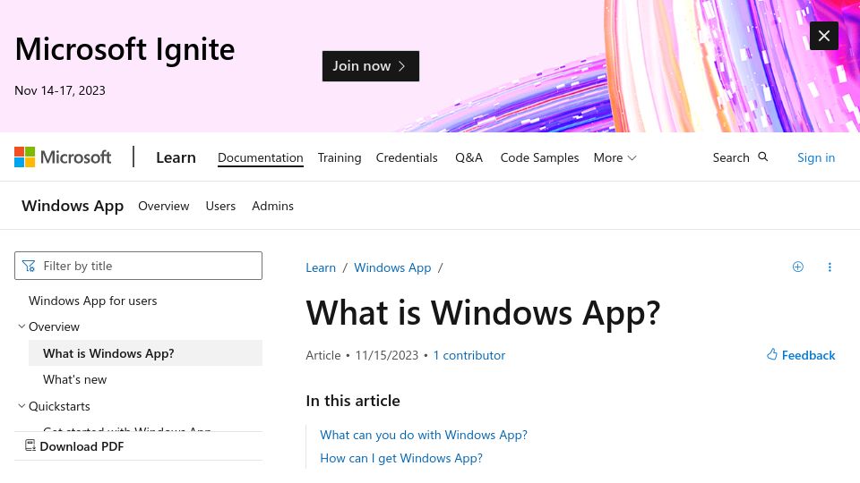 Screenshot of learn.microsoft.com: Microsoft launches Windows App for accessing PCs in the cloud from any device