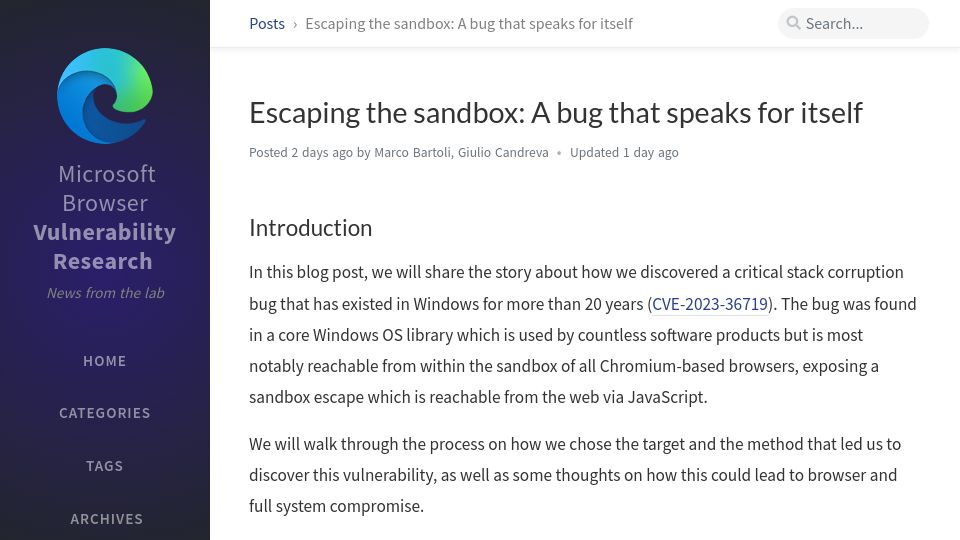 Screenshot of microsoftedge.github.io: Escaping the Edge sandbox: A bug that speaks for itself