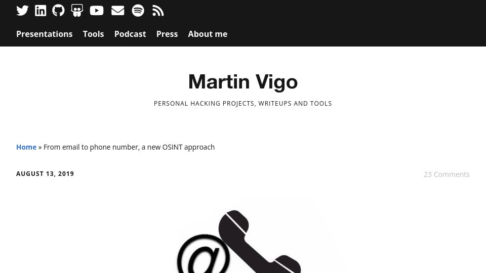 Screenshot of martinvigo.com: From email to phone number, a new OSINT approach (2019)