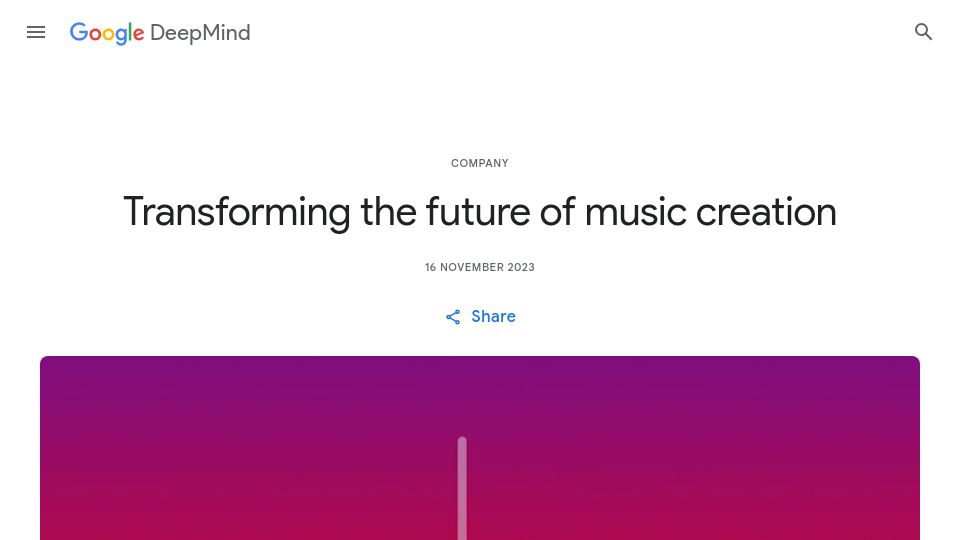 Screenshot of deepmind.google: Google's advanced music generation model and two new AI experiments