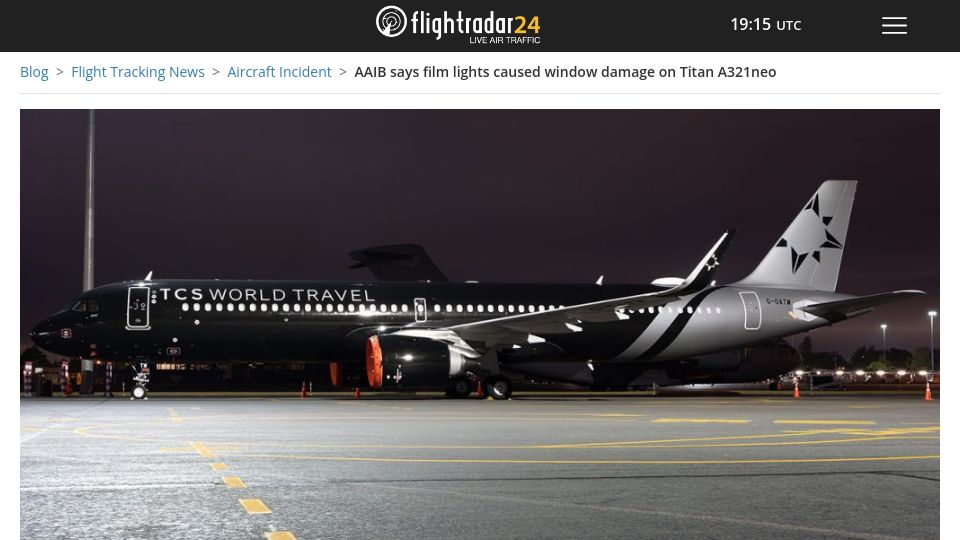 Screenshot of flightradar24.com: Air Accident Investigation Branch: film lights caused window damage on A321neo