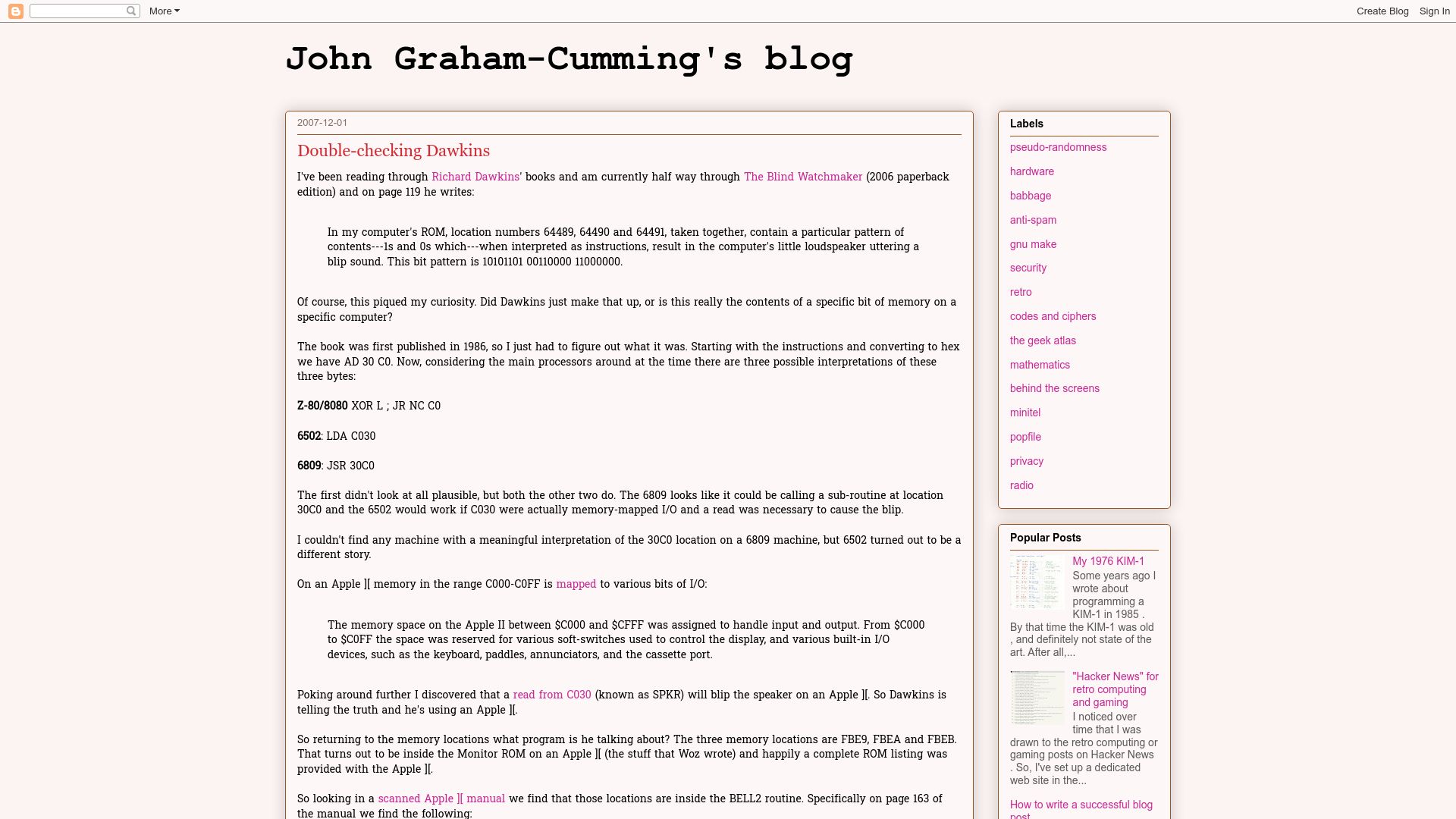 Screenshot of blog.jgc.org: Double-Checking Dawkins (2007)