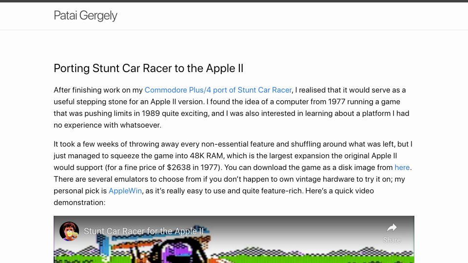 Screenshot of cobbpg.github.io: Porting Stunt Car Racer to the Apple II