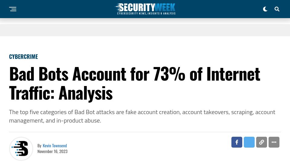 Screenshot of securityweek.com: Bad bots account for most internet traffic? Analysis