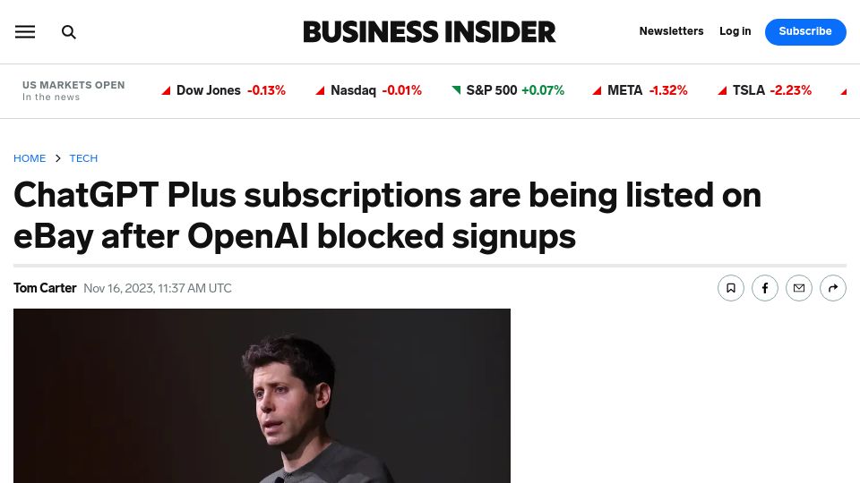 Screenshot of businessinsider.com: ChatGPT Plus subscriptions are being listed on eBay after OpenAI blocked signups