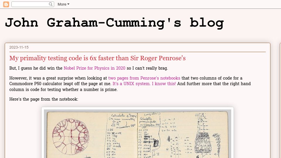 Screenshot of blog.jgc.org: My primality testing code is faster than Sir Roger Penrose's