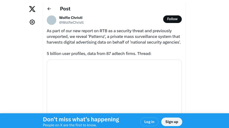Screenshot of twitter.com: A mass surveillance system for national security based on advertising/RTB data