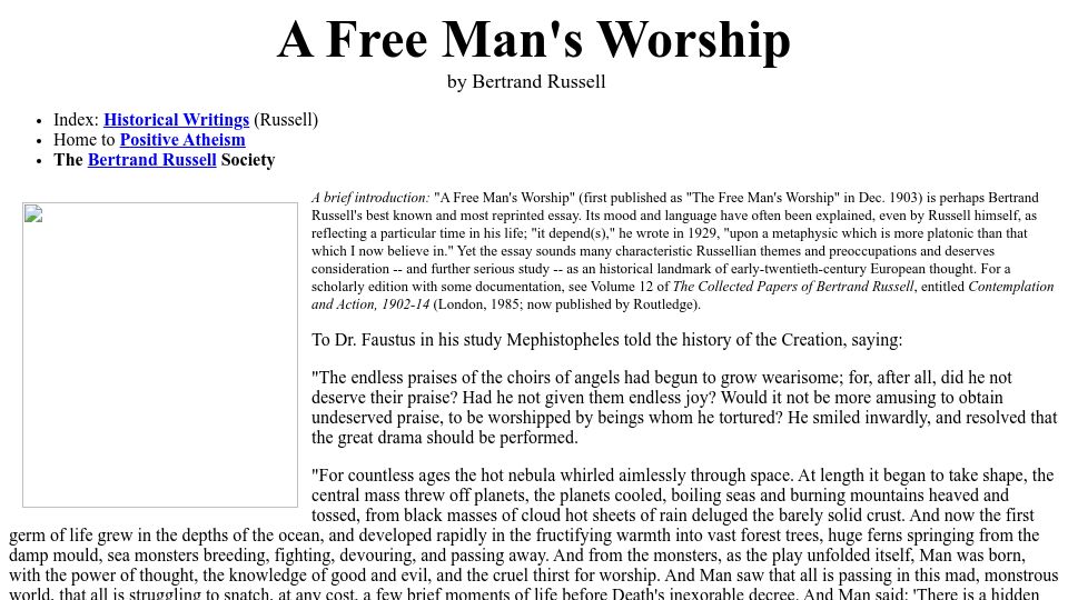 Screenshot of positiveatheism.org: Bertrand Russell: A Free Man's Worship