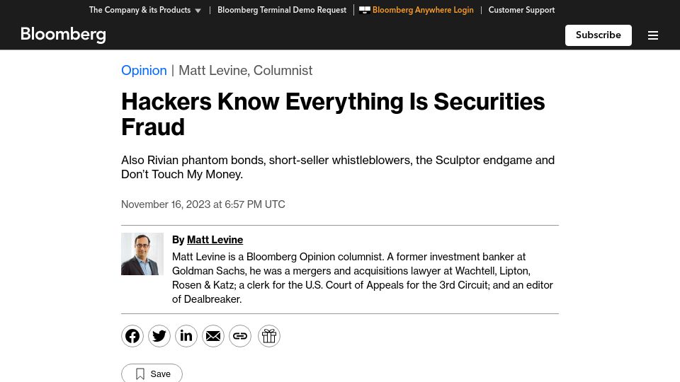 Screenshot of bloomberg.com: Hackers know everything is securities fraud
