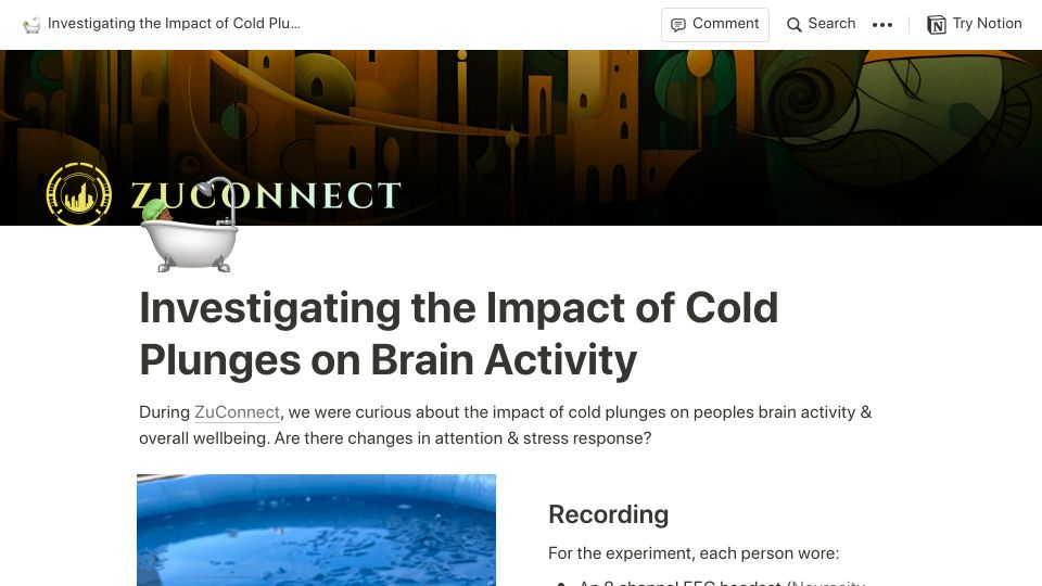 Screenshot of neurofusionresearchinc.notion.site: Investigating the impact of cold plunges on brain activity