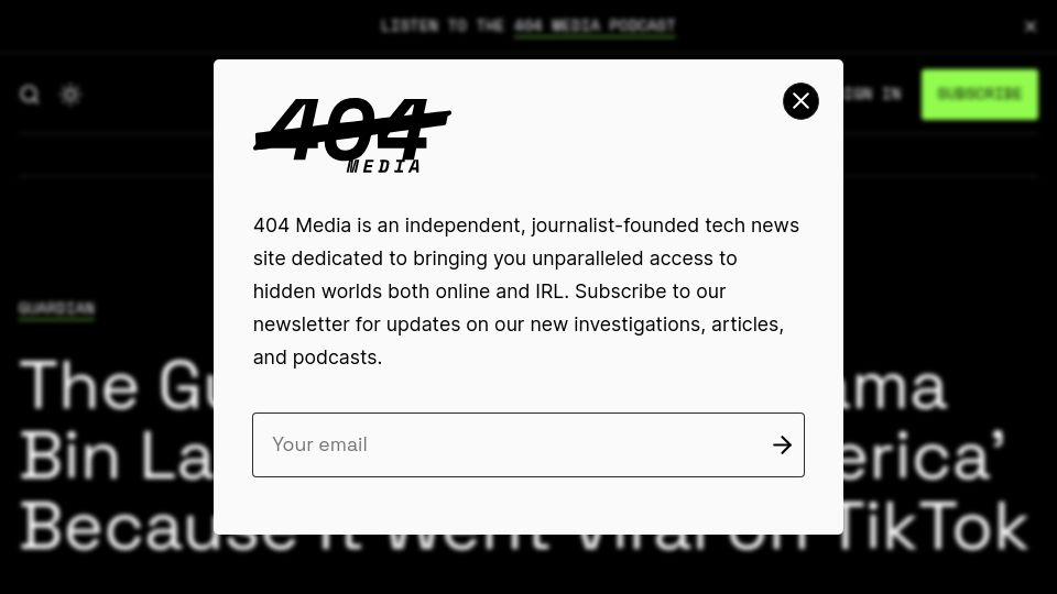 Screenshot of 404media.co: The Guardian Deletes Osama Bin Laden's 'Letter to America'