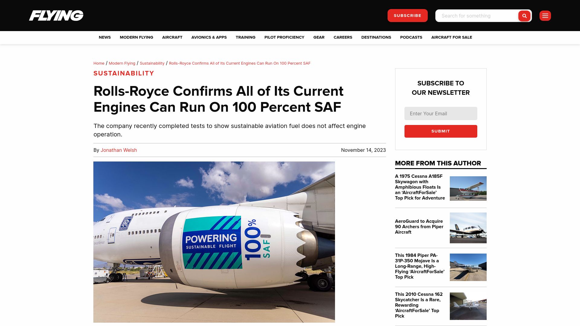 Screenshot of flyingmag.com: Rolls-royce confirms all of its current engines can run on 100 percent SAF