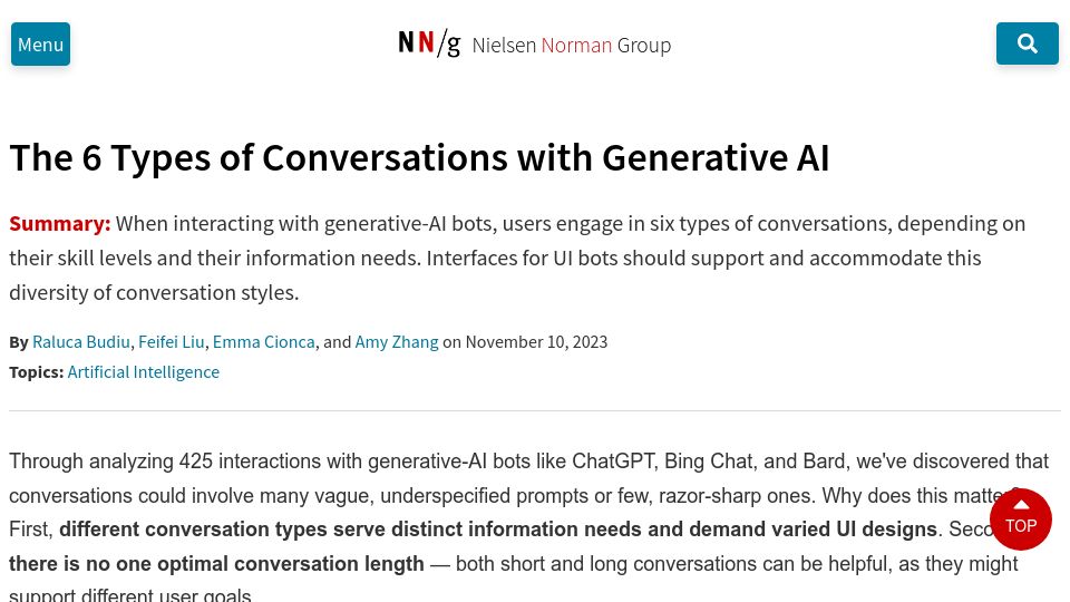 Screenshot of nngroup.com: Types of Conversations with Generative AI