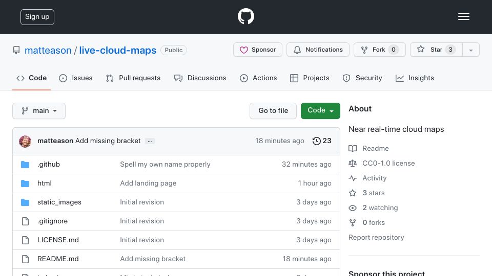 Screenshot of github.com: Show HN: Near-realtime cloud maps for weather visualisation, 3D models and more