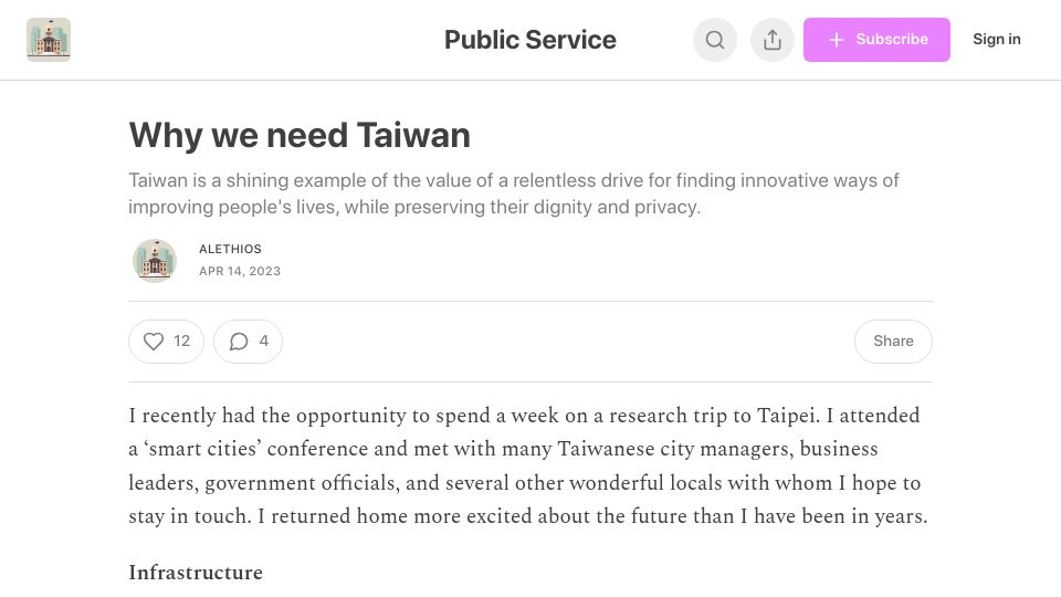 Screenshot of alethios.substack.com: We Need Taiwan