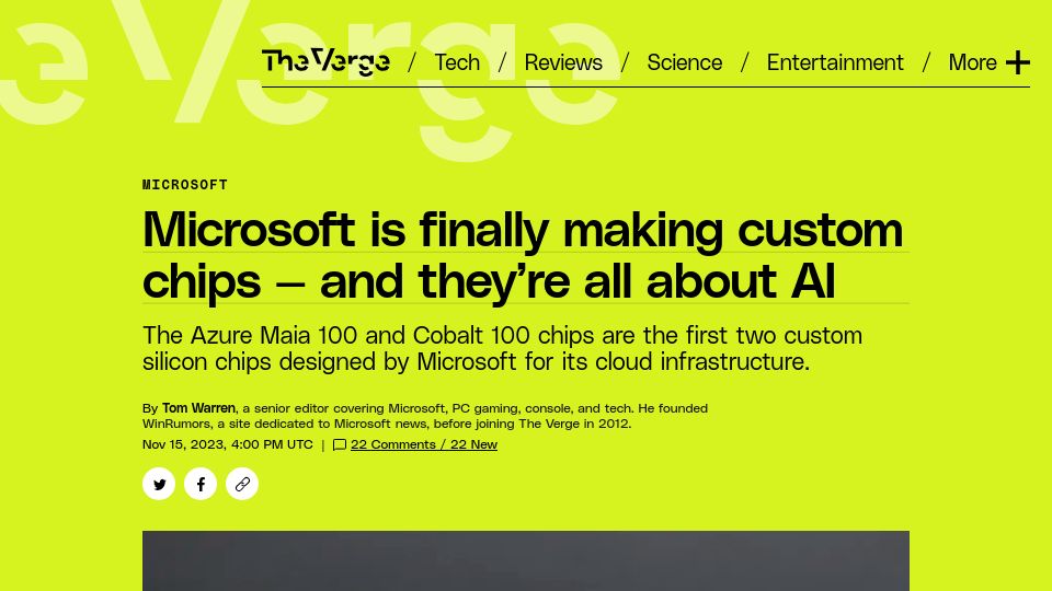 Screenshot of theverge.com: The first two custom silicon chips designed by Microsoft for its cloud
