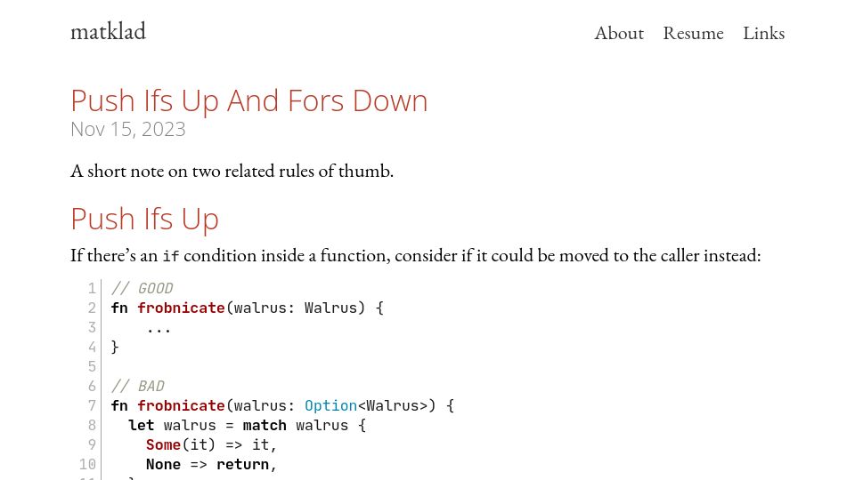 Screenshot of matklad.github.io: Push ifs up and fors down