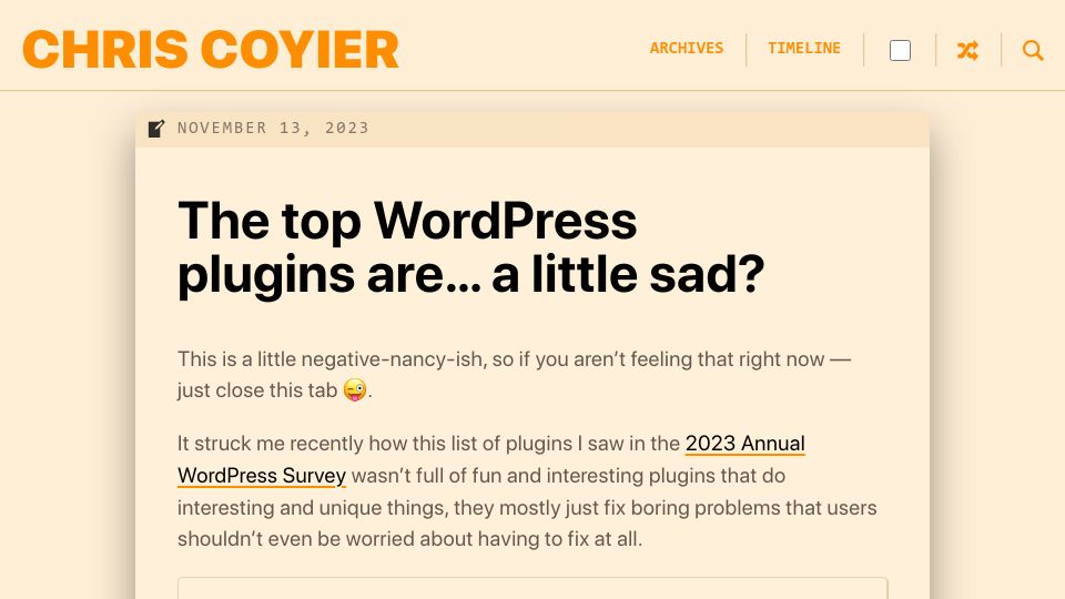 Screenshot of chriscoyier.net: WordPress plugins are a little sad?