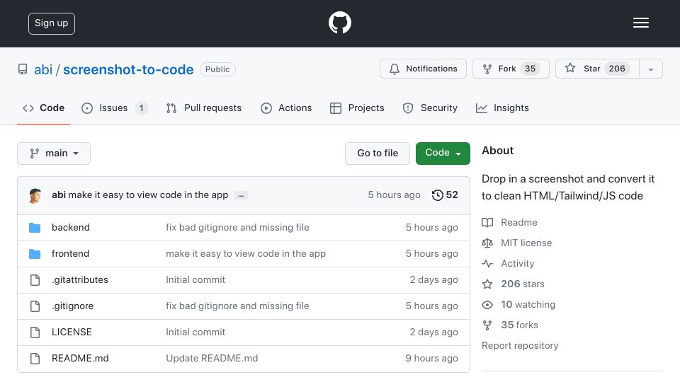 Screenshot of github.com: Show HN: Convert any screenshot into clean HTML code using GPT Vision (OSS tool)