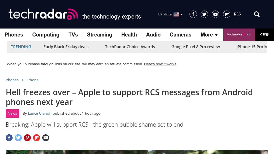 Screenshot of techradar.com: Apple to support RCS messaging standard next year