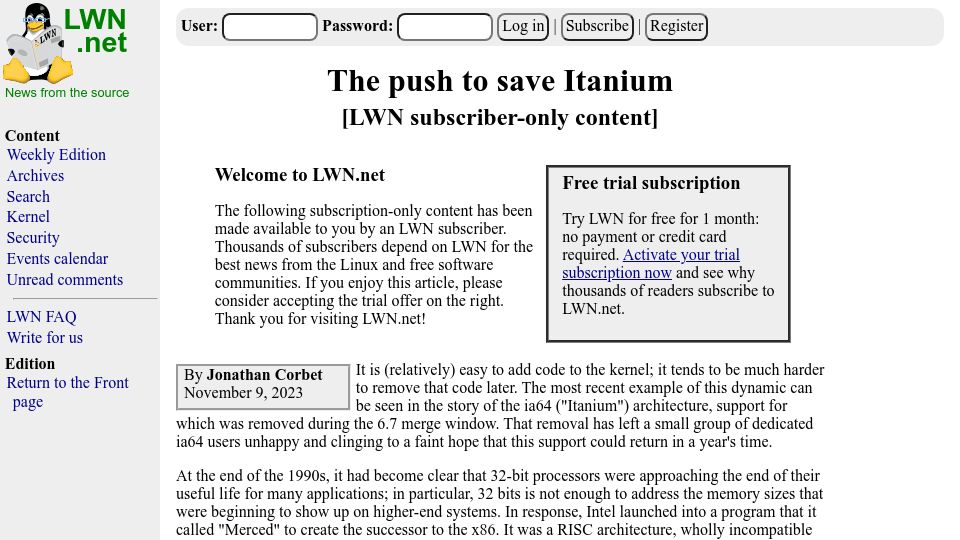 Screenshot of lwn.net: The push to save the Itanium architecture in Linux