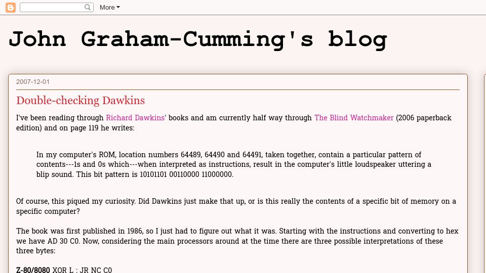 Screenshot of blog.jgc.org: Double-Checking Dawkins (2007)
