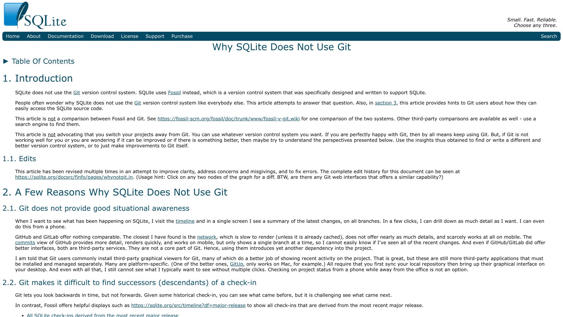 Screenshot of sqlite.org: TIL — SQLite doesn't use Git, they wrote their own VCS