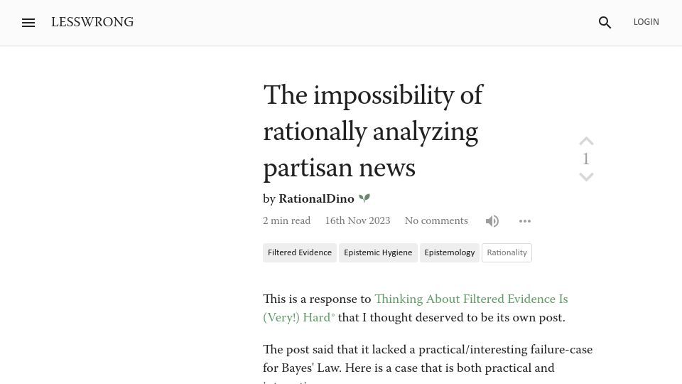 Screenshot of lesswrong.com: The impossibility of rationally analyzing partisan news