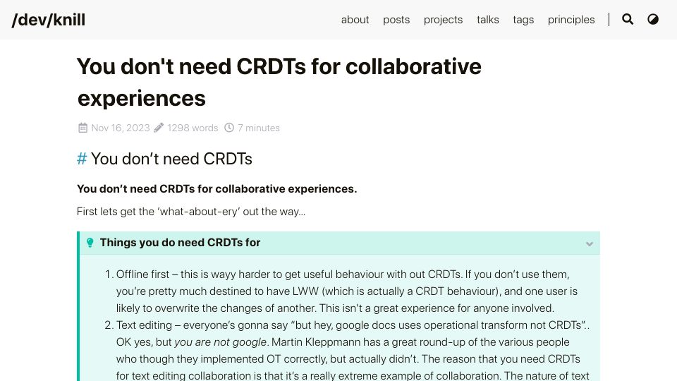 Screenshot of zknill.io: You don't need a CRDT to build a collaborative experience