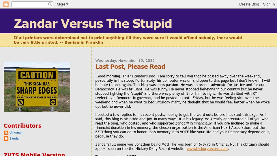 Screenshot of zandarvts.blogspot.com: Last Post, Please Read