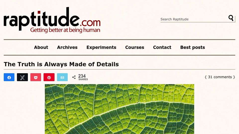 Screenshot of raptitude.com: The truth is always made of details