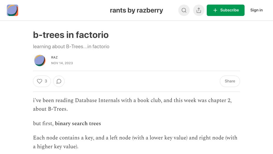 Screenshot of razberry.substack.com: B-trees in Factorio