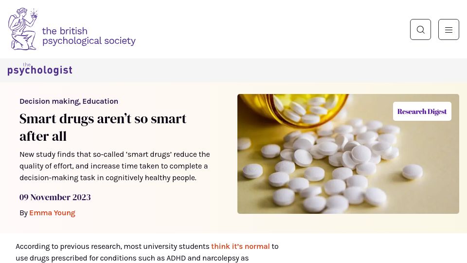 Screenshot of bps.org.uk: Smart drugs reduce quality of effort, and slow decision-making