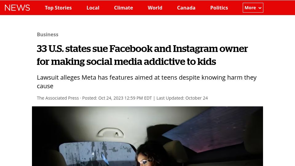 Screenshot of cbc.ca: U.S. states sue Instagram owner for making social media addictive to kids