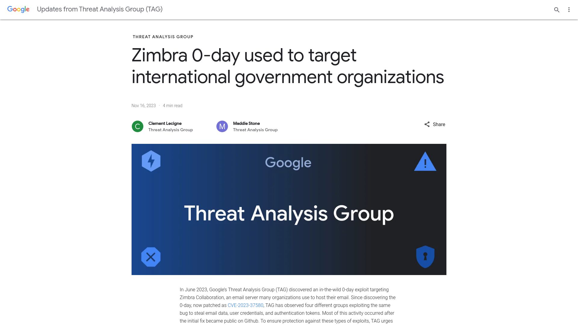 Screenshot of blog.google: Zimbra 0-day used to steal email data from government organizations