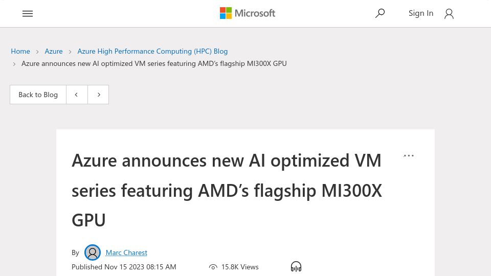 Screenshot of techcommunity.microsoft.com: Azure announces new AI optimized VM series featuring AMD's flagship MI300X GPU