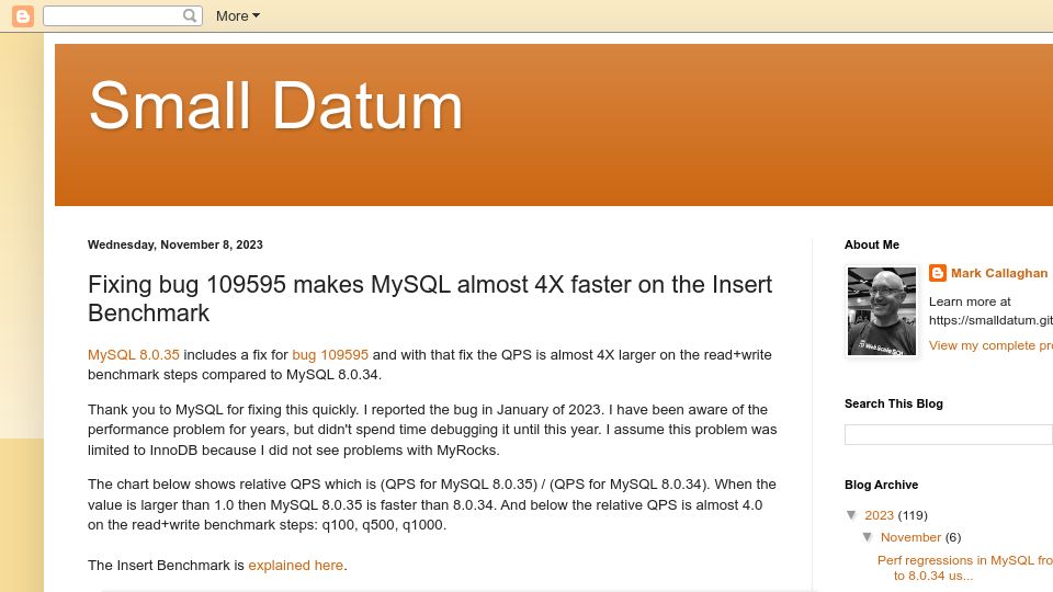 Screenshot of smalldatum.blogspot.com: Fixing bug 109595 makes MySQL almost 4X faster on the Insert Benchmark