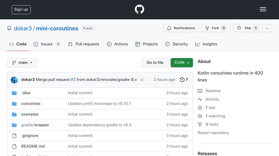 Screenshot of github.com: Kotlin Coroutines runtime in 400 lines