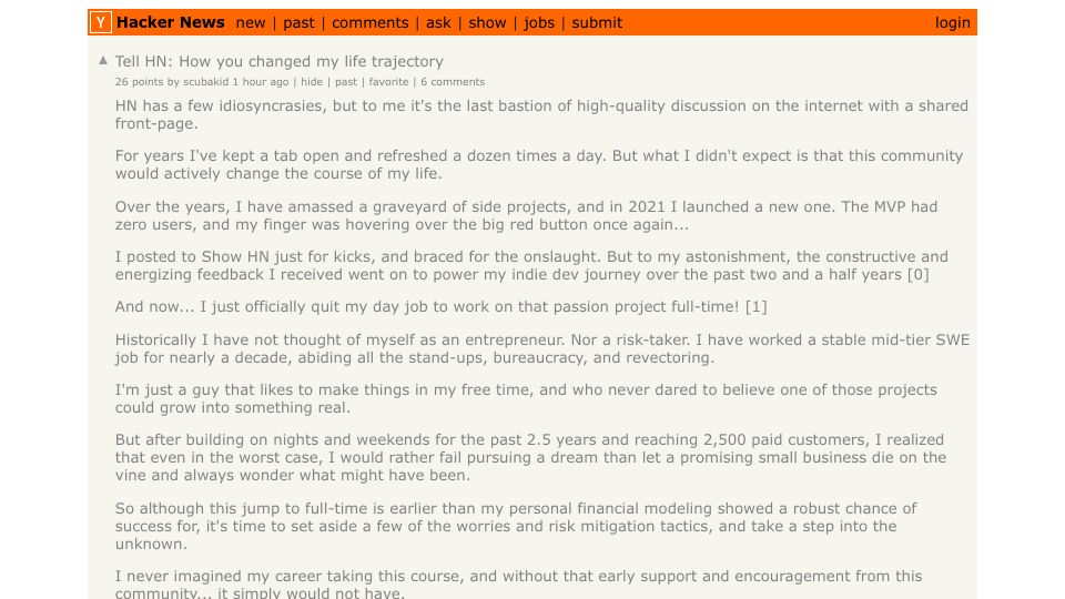 Screenshot of Hacker News post: Tell HN: How you changed my life trajectory