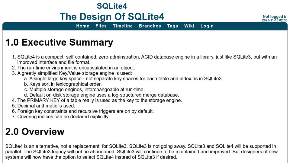 Screenshot of sqlite.org: The Design of SQLite4 (2014)